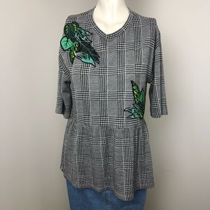 Zara Gray Houndstooth Leaf Patch Peplum Blouse Size S